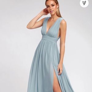 Steal Blue maxi bridesmaid dress - deep V neck and slit